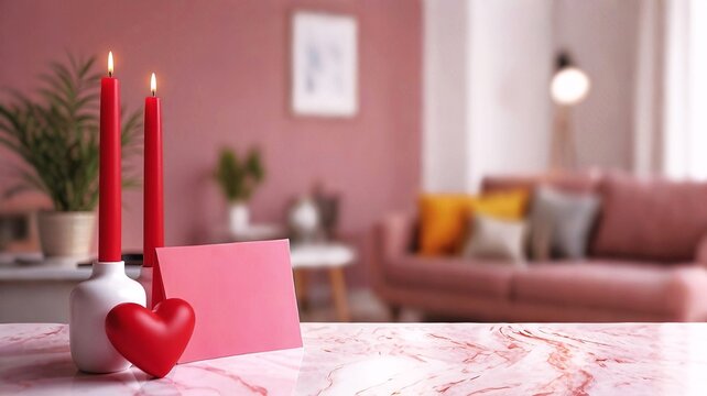 Marble table top, living room at background. Concept for Christmas, Valentine's Day, Mother's Day Women's Day flat lay, copy space, place for text.