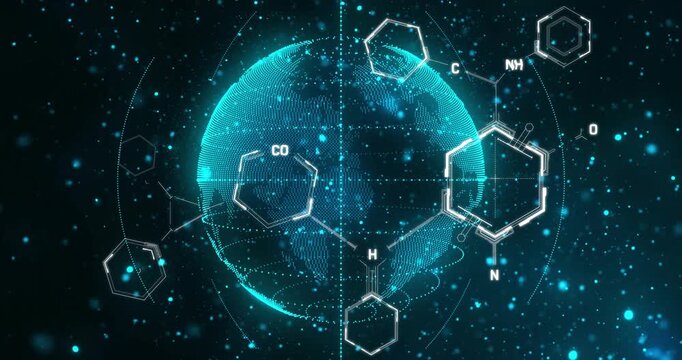 On flare hologram globe rotating as rings orbit and hexagons assemble, linking molecules