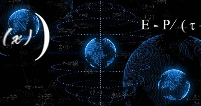 Small dots appearing starting 3D blue globes rotating, rings spiraling, math fading, visualizing