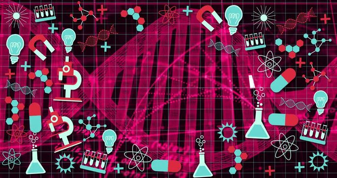 On play icons spawning, moving inward, settling around magenta DNA helix to reveal science network