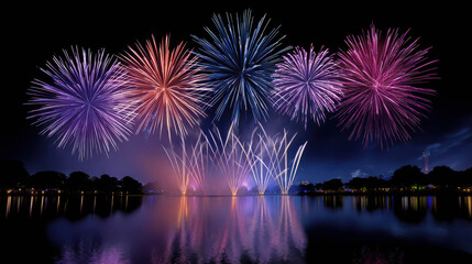 Fototapeta premium Breathtaking Display of Colorful Fireworks Reflecting on Tranquil Water Surface at Night Creating an Ultra-Realistic Fine Art Scene
