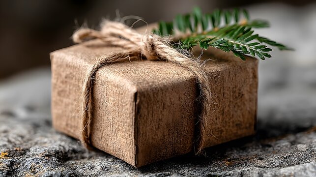 Minimal Eco Friendly Kraft Gift Box with Jute Twine Rustic Packaging Style gift box on wooden background