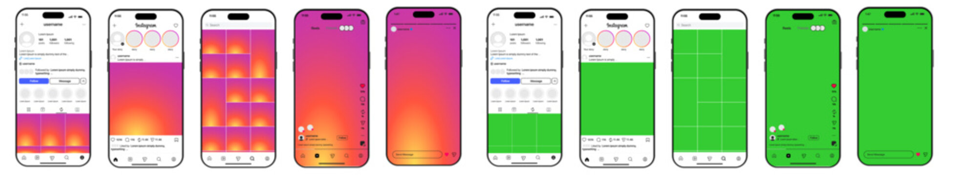 instagram new grid size template update. instagram reels, instagram post, instagram stiry, instagram reposts. Instagram mockup with iPhone 16 Pro max. social media social network app UI. green screen 
