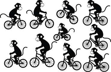 Obraz premium Cartoon monkey silhouettes, animals riding bicycles vector, playful cycling artwork, funny wildlife illustration, children design, energetic sport scene, whimsical activity artwork
