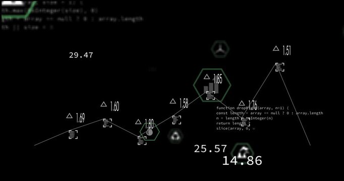 Timeline advancing polyline tracking nodes hex icons pulsing spotlight growing highlighting CO2