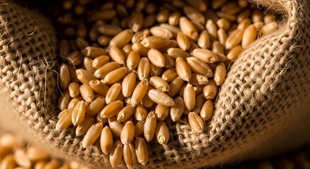 Naklejka premium Close-Up of Burlap Sack Overflowing Golden Wheat Grains, Spilled Light Brown Kernels on Rustic Background – Coarse Fabric, Agricultural Texture, Spilled Grains, Earthy Scene, Detailed Grain Clusters