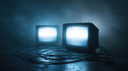 Abstract glowing shapes of old CRT monitors in dark environment with mystical light emanating from screens, creating a moody and nostalgic atmosphere