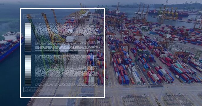 Drone scanning container terminal, HUD appearing, code filling, bar growing, showing port status