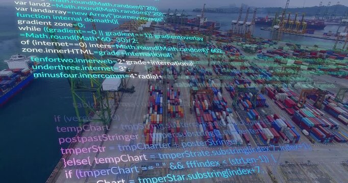 Data feed starting code overlay, scrolling while drone gliding over container yard, showing flows