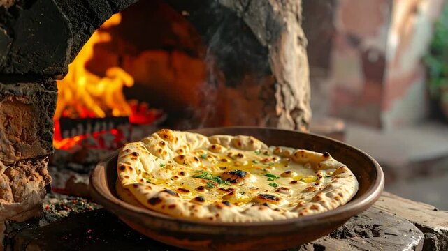 A flatbread in a dish, by a brick oven, with a bright fire in the background