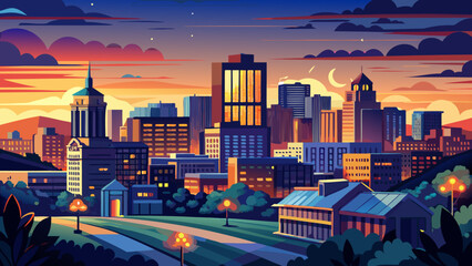 Naklejka premium Very beautiful twilight view of New Haven skyline under dramatic blue and orange skies, as city lights glow and the academic presence of Yale shapes the urban horizon.