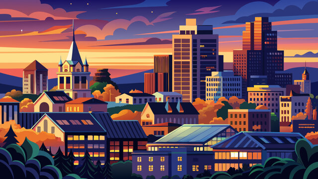 Very beautiful twilight view of New Haven skyline under dramatic blue and orange skies, as city lights glow and the academic presence of Yale shapes the urban horizon.
