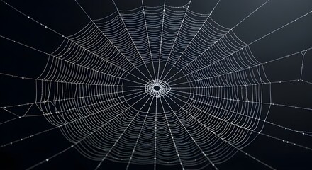 Obraz premium Intricate spider web with dew drops on black background, close-up view