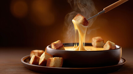 Melted cheese fondue in a dark ceramic bowl with bread cubes, creating a warm and inviting dining atmosphere for sharing and enjoyment
