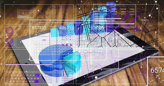 App launching animating tablet 3D charts, HUD overlays growing then receding while numbers updating