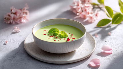 Elegant Presentation of Green Soup with Garnish in Soft Natural Light Surrounded by Flowers and Leaves