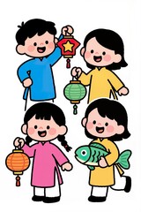 Flat cartoon illustration of Vietnamese children in ao dai holding traditional lanterns, adorable expressions, Tet holiday theme, simple flat shapes, white background