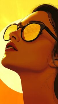 Stylish woman with sunglasses looking down.