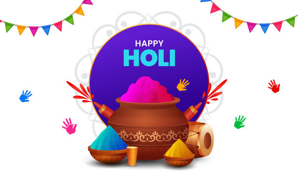 Indian festival happy holi celebration banner template with colorful holi props