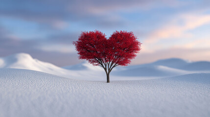 Minimalist Composition of a Red Tree in a White Snowy Landscape Under a Soft Sky with a Touch of Wit and Imagination