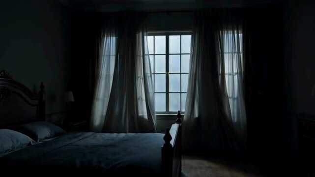 Mysterious moonlight streams through sheer curtains into a dark, empty bedroom.