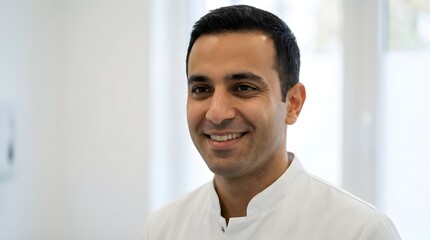 Striking Close-Up of Asian Medical Professional in Clean Lab Coat Showcasing Digital Health Innovation with Warm Smile in Minimalist Environment Highlighting Telemedicine Connection