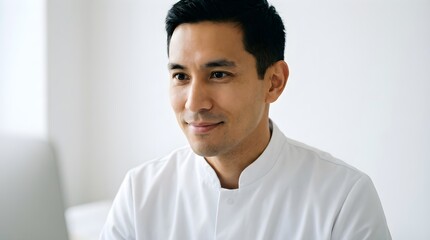 Engaging Close-Up Image of Eurasian Doctor with Sharp Features in Minimalist White Lab Coat Exuding Warmth While Participating in Remote Telehealth Encounter in Clinical Setting