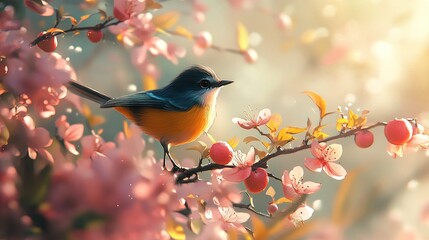 Obraz premium A tit bird flutters in a sunny spring garden, surrounded by pink apple blossoms