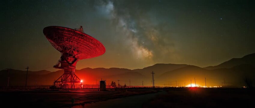 A massive red-lit radio telescope dish in a desert setting with a starry night sky