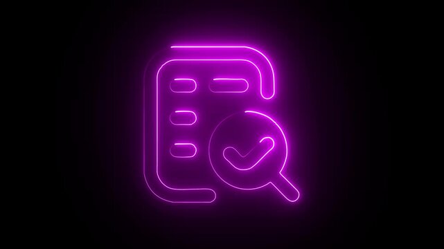 Neon sign illustration of a document with a magnifying glass icon symbolizing verification and validation in digital documentation and data analysis.