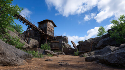 Realistic Photography of an Abandoned Mine Site Surrounded by Rocks and Vegetation Under a Bright Blue Sky with Puffy Clouds