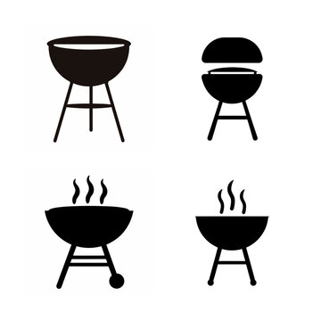 Four different illustrations of barbecue grills in various states of use