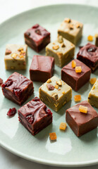 Assortment of gourmet fudge squares with various toppings, including dried fruits and nuts, beautifully arranged on a light plate.