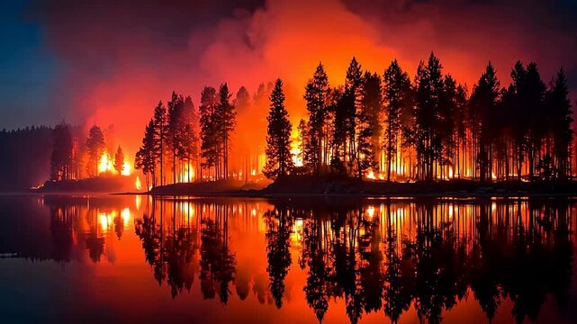 Forest fire approaches a calm lake as dark smoke fills the sky and the orange glow of flames reflects perfectly on the still water surface.