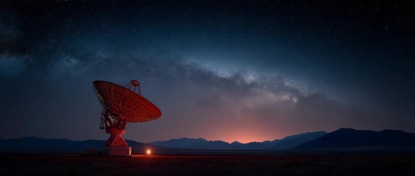 A massive red-lit radio telescope dish in a desert setting with a starry night sky