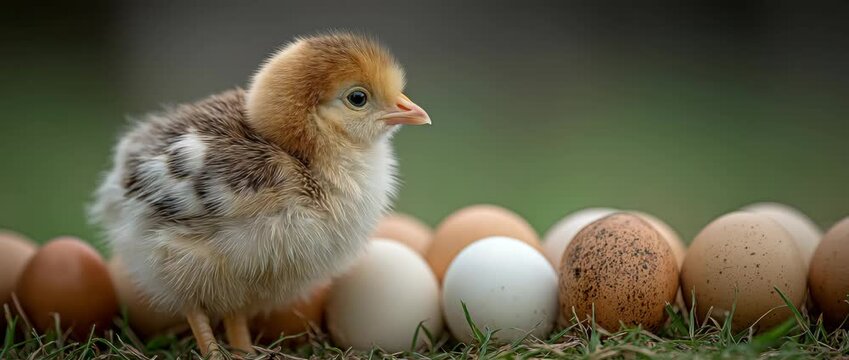 On a green meadow, a fluffy young chick stands next to a group of brown and white eggs.