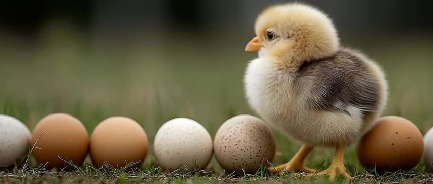 On a green meadow, a fluffy young chick stands next to a group of brown and white eggs.