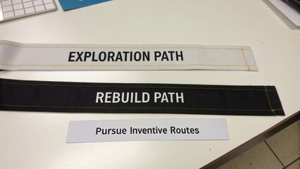 Obraz premium Textured Straps with Exploration and Rebuild Path Labels for Creative Inspiration in Design and Innovation Projects