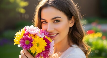 Naklejka premium Joyful Woman with Colorful Flowers, Sunlit Outdoor Portrait