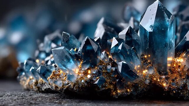 Jagged translucent blue crystals grow together with light reflecting off sharp facets to create an ethereal inner glow in a moody setting.