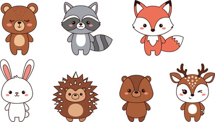 Obraz premium Cute Woodland Animals Vector Set – Forest Baby Animal Clipart Collection
