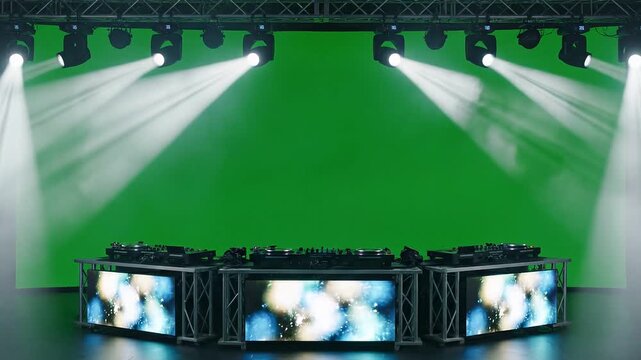 Professional DJ booth setup with green screen and stage lighting