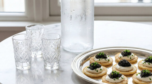 Luxury Caviar Blinis and Chilled Vodka Bottle with Crystal Shot Glasses