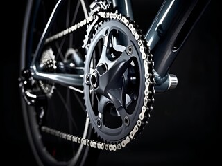 Obraz premium Close-up view of modern bicycle drivetrain featuring sleek dark metallic crankset, chainring, and chain highlighted against dark background for cycling mechanics