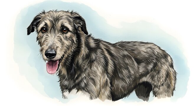 Digitally painted Irish wolfhound dog portrait, set against a watercolor-style background
