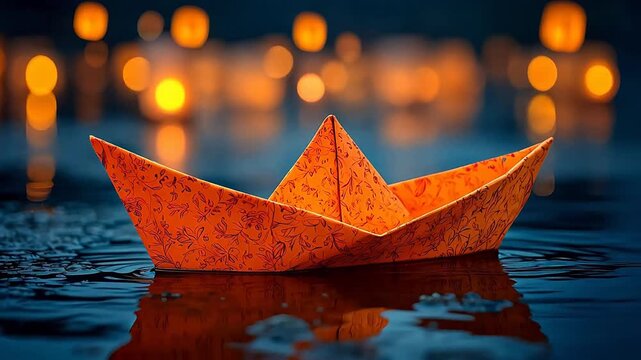 Single orange origami paper boat floats on rippling blue water at twilight while distant lanterns create warm and blurred points of light.