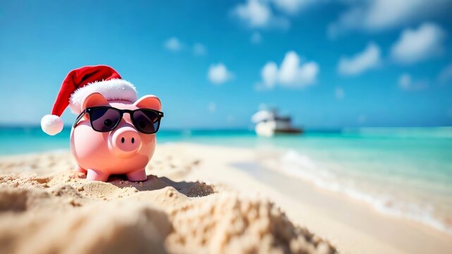 Close up of pink piggy bank with sunglasses and hat, sunny day at summer or winter vacation, at sea beach or pool, sea or ocean background. saving money concept