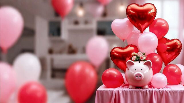 A piggy bank with heart-shaped glasses on table in restaurant during a date, with flowers and glasses of wine. Heart-shaped balloons at background