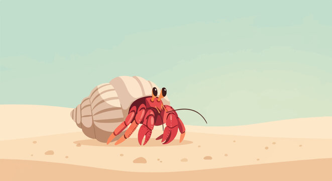 Cute cartoon hermit crab emerging from a large shell on a sandy beach