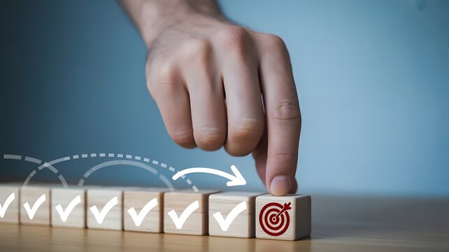 Goal achievement and task completion concept with checklist blocks target symbol business planning productivity and success strategy background image